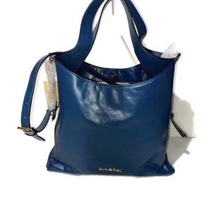 New Michael Kors Devon Navy Blue Leather Large Satchel Shoulder Tote Gold Tones